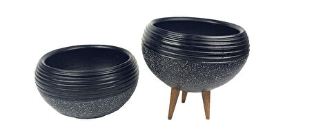 Ev Dekorasyon  Siyah Granit Küp Aranjman Saksı Saksılık Salon Çiçeklik İkili Set (Ayaksız-3 Ayaklı)